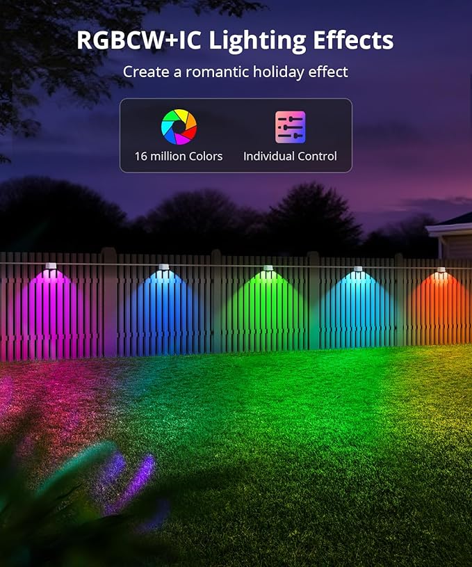 Outdoor Deck Lights 16 Packs Smart RGBCW Fence Light 100+ Scene Modes Dual Lens LED String Lights with APP/Voice/Remote Control IP65 Waterproof for Halloween Christmas Decor 105ft White