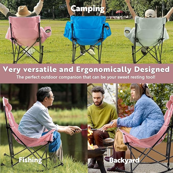 VITESSE Oversized Rocking Camping Chair Luxury Padded ReclinerOversized Folding Lawn Chair with Pocket and Carry BagOutdoor Camp Rocker Chairs for Adults Heavy Duty 300 LBS (Pink)