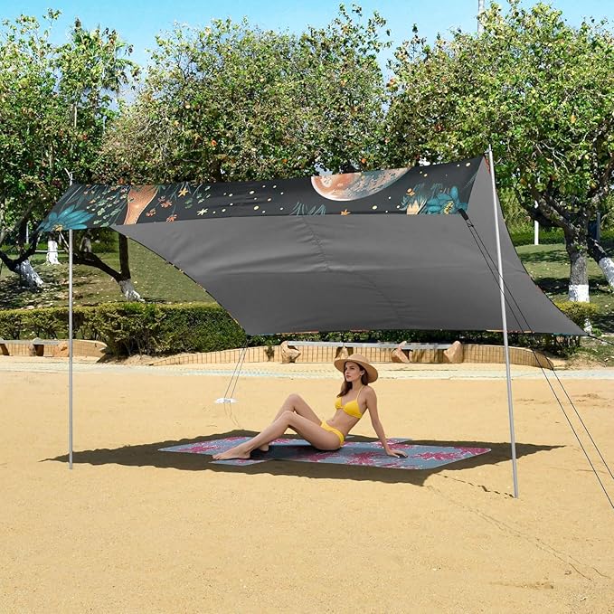 Mushrooms and Flowers Beach Tent Sun Shelter 9.2' x 10.5' Beach Canopy with 4 Sandbags 4 Stability Poles Sand Shovels - Tent Canopy for Beach Camping Fishing Picnics
