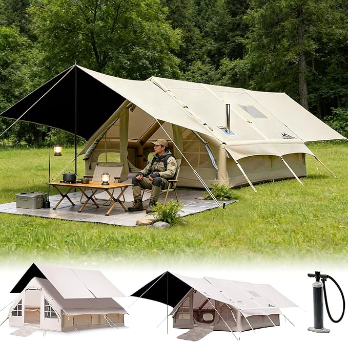 Inflatable Camping Tents 8-10 Person129 Square Feets Large Inflatable Camping Tent with Stove JackBlow up Tent with Mesh Windows &amp Pump