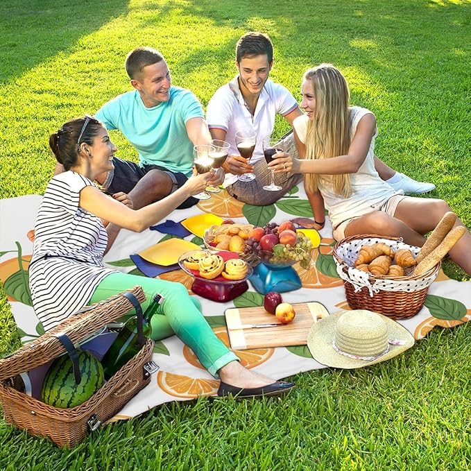 Waterproof Sandproof Beach Blanket 59''×68'' Orange Polyester Outdoor Picnic Blanket with 4 Stakes &amp Storage Bag for BeachCampingVacation White Bottom