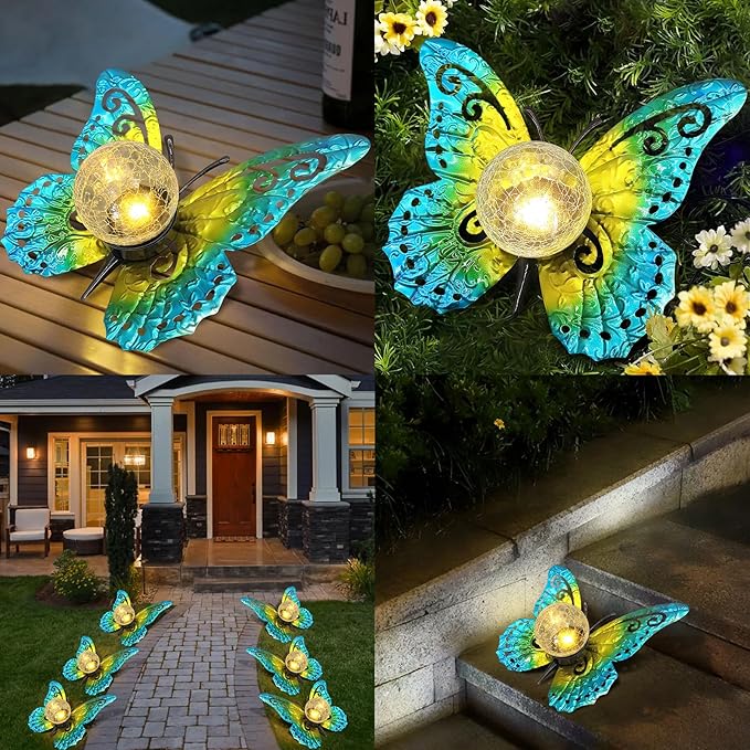 Solar Lights Outdoor Garden Butterfly Decor Metal Butterfly Statue Decoration with LED Crackle Glass Globe Solar Powered Lighted Garden Art Decor for Patio Lawn Yard Pathway Tabletop Ground