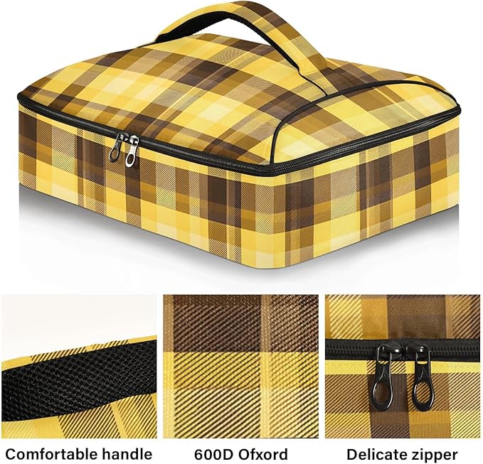 Casserole Carrier Yellow Brown Plaid Print Insulated Casserole Carrier for Hot or Cold Food Thermal Lunch Tote for Parties Picnic Travel Carry Bag