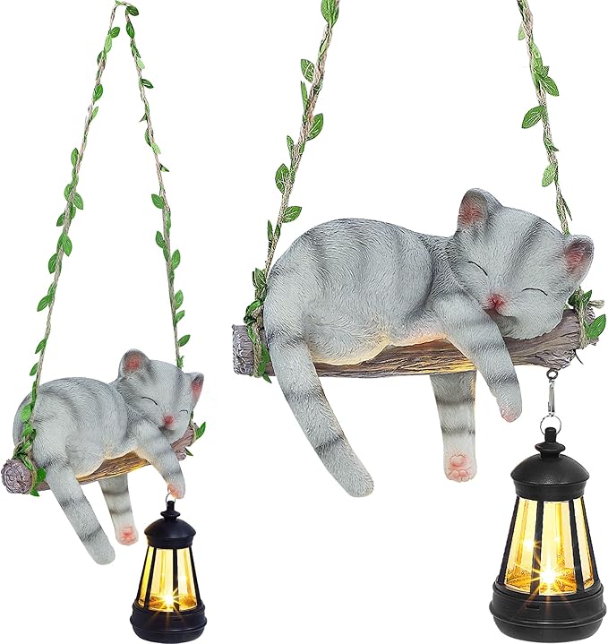 Solar Lighted Garden Outdoor Statue 22.6 H Hanging Swing Lying with A Sleeping Cat and A LED Lantern Resin Animal Figurine Hanging Ornaments with Hook for Decoration &amp Gift