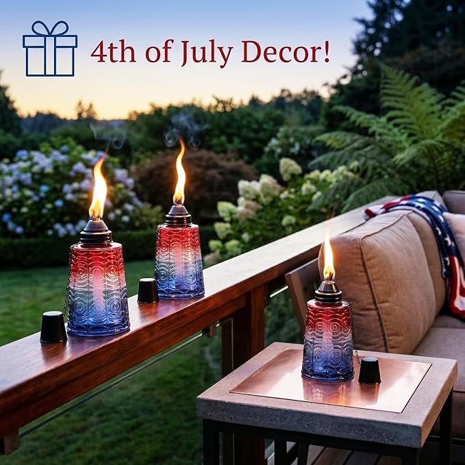 Seraphic Citronella Table Top Torches for Outdoor Patio 16oz Decorative Glass Torch Citronella Candles for Outside Deck Garden Parties Set of 3 Red/White/Blue