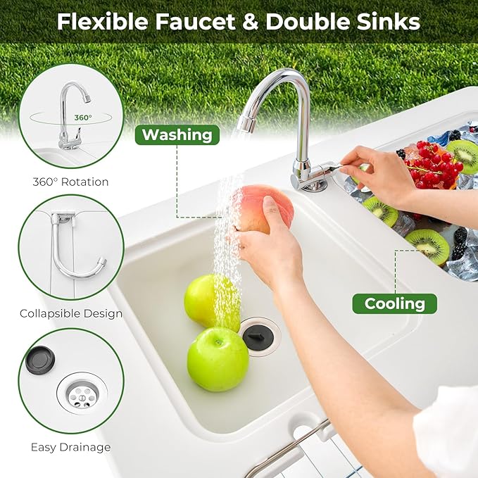 Giantex Folding Fish Cleaning Table with Double Sinks Portable Fish Fillet Cleaning Station w/Faucet Drainage Hoses Sprayer &amp Storage Shelf 2-in-1 Outdoor Camping Table for Picnics Fishing