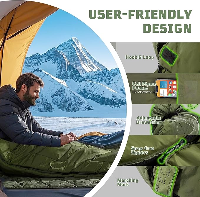 Sleeping Bags for Adults 34°F to 43°F Ultralight Warm Cold Weather Sleeping Bag for Camping Backpacking Hiking Hunting and Outdoor Travel with Compression Sack