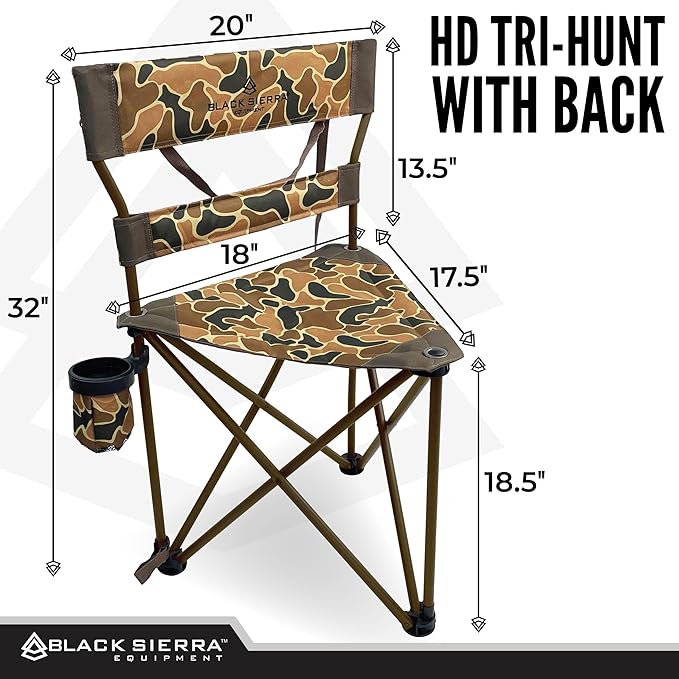 Black Sierra HD Tri-Hunt with Back Hunting Stool Foldable Tripod Seat w/Steel Frame Supports 300-lb Heavy Duty Fishing Chair Features Cup-Holder &amp Carry Shoulder Strap for Camping