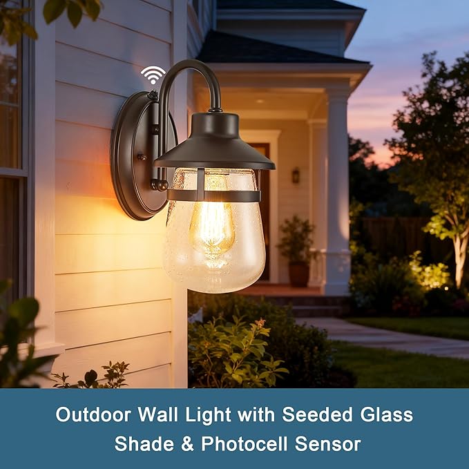 Updated Dusk to Dawn 1-Light Outdoor Wall SconceWaterproof &amp Rust-Proof and Sturdy Metal Lamp Body in Oil Rubbed Bronze Fully Sealed Clear Seeded Glass ShadeBulb Not Included