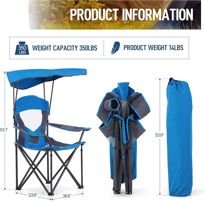 ALPHA CAMP Camp Chair with Shade Canopy Folding Camping Chair with Cup Holder and Carry Bag for Outdoor Camping Hiking Beach Heavy Duty 300 LBS Royal Blue