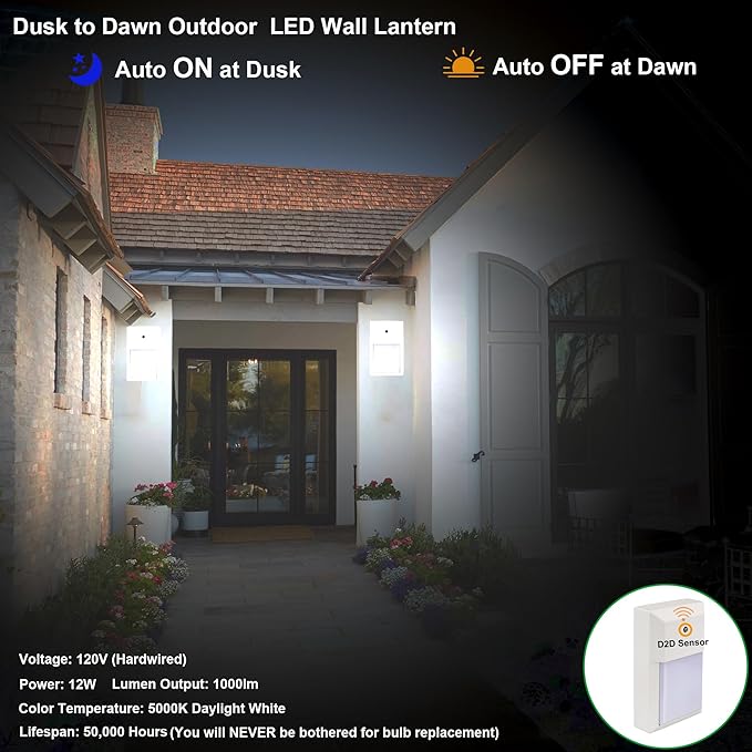 LIT-PaTH Dusk to Dawn Outdoor Sconce Wall Light LED Wall Lantern 5000K Porch Lighting Fixture 12W 1000 Lumens Aluminum Housing Plus PC White Finish 1-Pack