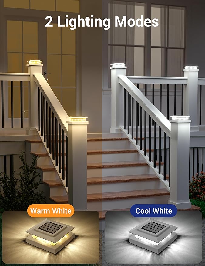 APONUO Solar Post Cap Lights for 4x4 5x5 Fence Posts IP64 Waterproof Outdoor LED Deck Lights with 2 Modes (Warm White &amp Cool White) Auto On/Off Dusk to Dawn Easy Install White 16 Pack