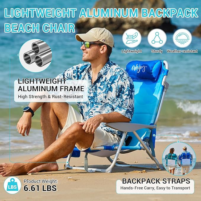 #WEJOY Beach Chair for Adults Reclining Adjustable Position Lay Flat Lightweight Folding Portable Aluminum Chair with Backpack StrapsPadded headrest Heavy Duty 400 lbs Lawn Chair for Beach Sand