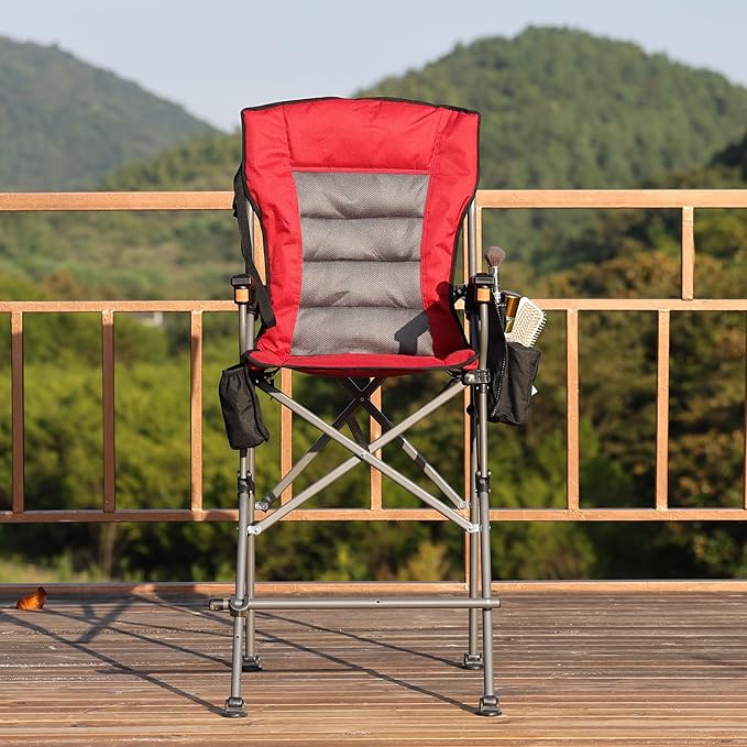 REDCAMP Oversized Tall Camping Chair for Adults 330lbs Portable High Folding Directors Chair Foldable Bar Height Stool with Makeup Pocket for Lawn Sport Face Painting Red