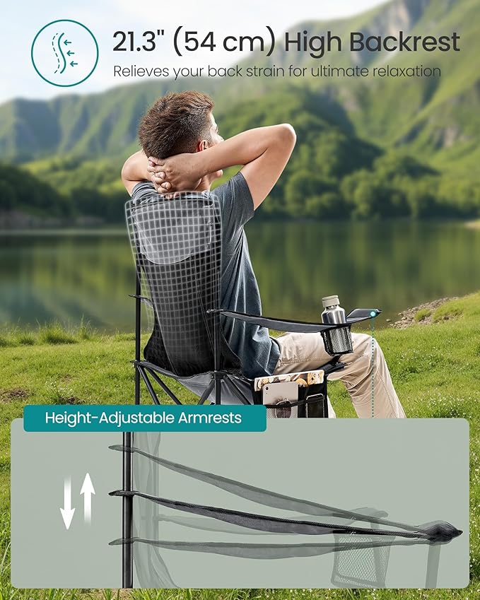 SONGMICS Breathable Camping Chairs Foldable Outdoor Chairs Set of 2 High Back Adjustable Armrests Drink Holder Weight Capacity 330 lb for Sports Garden Backyard Slate Gray UGCB028G01