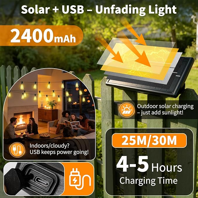 Outdoor Solar String Lights Waterproof: ST38 100ft Shatterproof Patio Lights - Solar Powered &amp USB Dual Charging - 3 Modes Button Control - Garden Backyard Gazebo Porch Party Decor