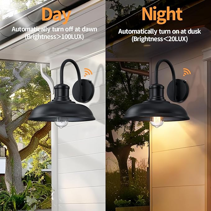 12'' Diameter Large Dusk to Dawn Outdoor Gooseneck Barn Light 2-Pack Outdoor Wall Sconce Farmhouse Exterior Light Wall Lighting Fixture Industrial Black Wall Lantern for Porch Garage Black