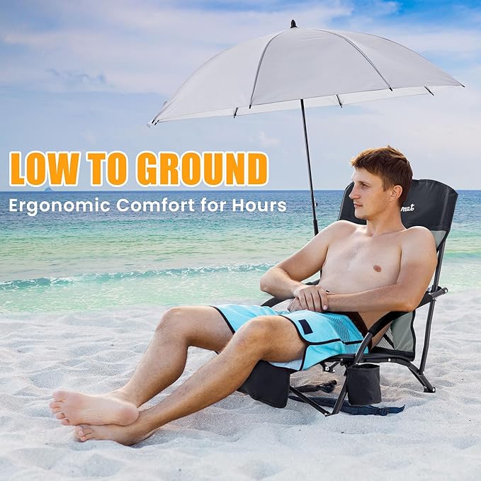 Folding Beach Chair with Umbrella for Adults 2 Pack Portable Low Beach Chairs with 300lbs Capacity Lightweight Fodable Camping Chair for Travel Picnic Concert &amp Outdoor Activities Black-Grey
