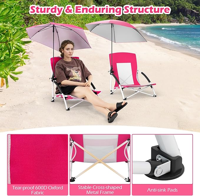 GYMAX Folding Beach Chair 330lbs Low Seat Camping Chairs with Removable Adjustable Umbrella Carry Bag Armrests Anti-Slip Foot Pads Lightweight Mesh High Back for Lawn BBQ Sport Event (1Pink)