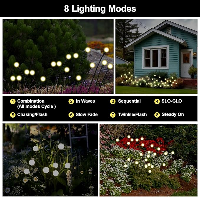 Firefly Lights Solar Outdoor 8 Modes 800mAh Swaying Solar Firefly Garden Lights Stakes Outdoor Waterproof for Outside Yard Patio Plant Christmas Holiday Garden Decor Warm White(6 Pack)