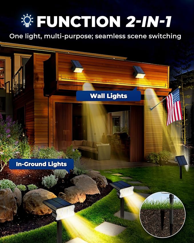HGGH Solar Lights Outdoor Waterproof IP67 60 LED 3 Lighting Modes Solar Spot Lights Outdoor for Yard Garden Pathway Landscape Auto On/Off Function 2 in 1(Warm White 4 Pack)