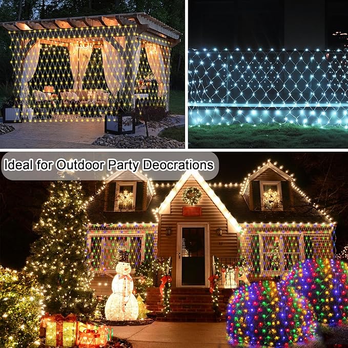 Lovelite 610 LED Christmas Net Lights 34.5ft x 5ft Mesh Lights Outdoor Clear Wire 8 Modes Waterproof Connectable String Lights Plug in for Bushes Xmas Tree Garden Holiday Party Decor - Warm White