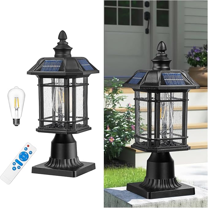 Emliviar 16 Inch Outdoor Solar Post Light Dusk to Dawn Pier Mount Lamp Post Light with Remote Control Black Finish with Seeded Glass Shade A2202110P1-SL BK
