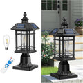 Emliviar 16 Inch Outdoor Solar Post Light Dusk to Dawn Pier Mount Lamp Post Light with Remote Control Black Finish with Seeded Glass Shade A2202110P1-SL BK