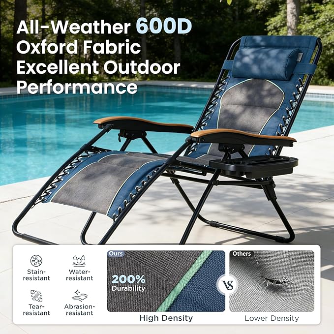 PHI VILLA XXL Oversized Padded Zero Gravity Chair Set of 2 Foldable Patio Recliner 30 Wide Seat Anti Gravity Lounger with Armrest and Cup Holder Support 400 LBS (Blue Accents)