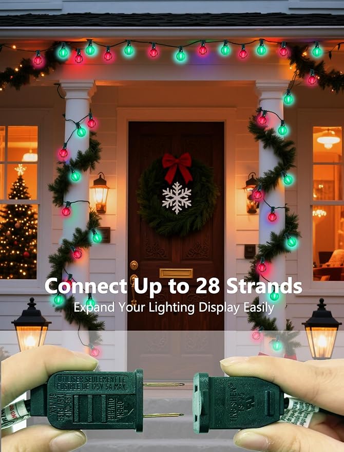 50FT G40 Christmas String Light Outdoor Frosted Red and Green LED Christmas Lights with 27 Shatterproof LED Bulbs(2 Spare) Waterproof Patio Lights for Holiday Party Backyard Xmas Decor
