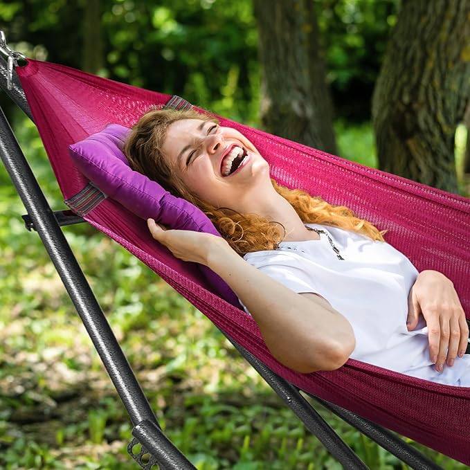 Tranquillo Universal Double Hammock with Stand Included for 2 Persons/Foldable Hammock Stand 600 lbs Capacity Portable Case - Inhouse Outdoor Camping Red