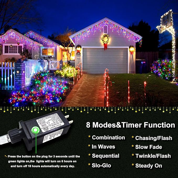 Icicle Christmas Lights Outdoor - 66ft 640 LED Icicle Lights for Outside with 120 Drops Waterproof Plug in Christmas Light with Timer for Party Holiday Wedding Christmas Decoration Multicolor