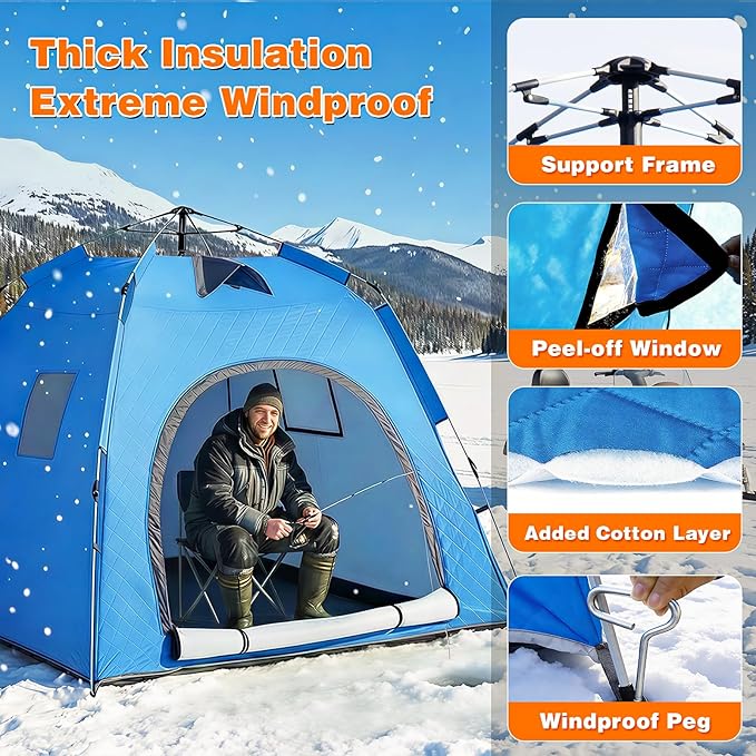 Pop-up Camping Tent Winter Insulated Tent Windproof and Snowproof 4 Season Tents for Camping Ice Fishing Parties Adventure and Hiking Portable 4-6 Person TentBlue