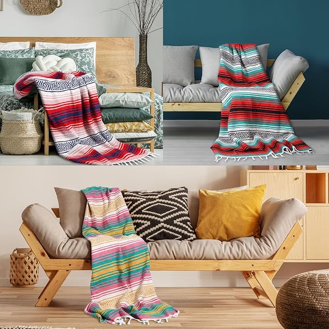 Peryiter 9 Pcs Mexican Blanket Bulk Large Yoga Blanket Striped Falsa with Fringed for Outdoor Beach Picnic Couch 45 x 70 inch (Retro Colors)