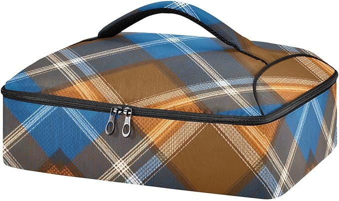 Casserole Carrier Blue Brown Tartan Pattern Insulated Casserole Carrier for Hot or Cold Food Thermal Lunch Tote for Parties Picnic Travel Carry Bag