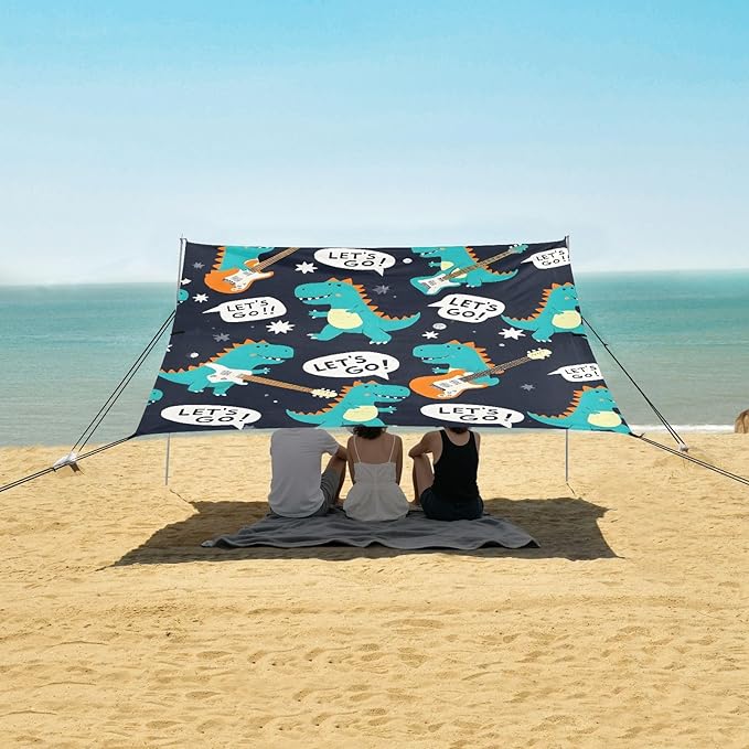 ALAZA Cute Dinosaurs Dino Music Beach Tent Sun Shelter UPF50+ Protection Beach Shade Canopy w/ 4 Sandbags for Outdoor Camping Fishing Backyard Fun Picnic 10x9 ft