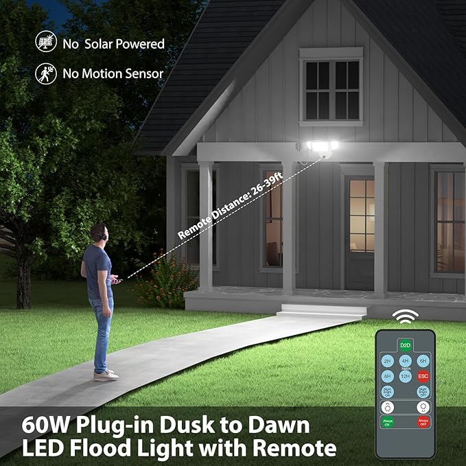 iMaihom 60W Dusk to Dawn Outdoor Lighting 6000LM Plug in Flood Light Outdoor 3 Heads Adjustable Security Lights with Remote Control Photocell SensorIP65 Waterproof LED Fixture for Yard Garage