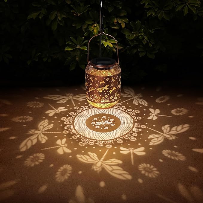 2 Pack Dragonfly Solar Lanterns Outdoor Waterproof Garden Decor Gifts for Mom Women Grandma Metal Hanging Solar Lights Outdoor Decoration for PatioYardPorchBackyard