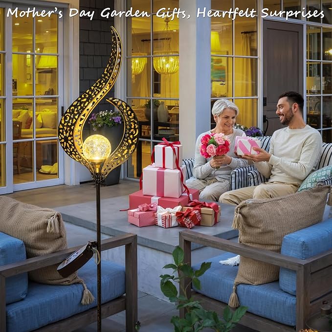 Outdoor Garden Gifts Solar Lights Stake Waterproof Mothers Day Gifts Mom Crackle Glass Metal Flower LED Yard Art Ornaments Lights for Pathway Lawn or Courtyard Birthday Gifts Women (Bronze)