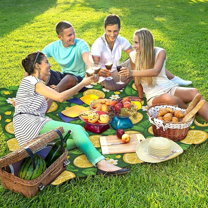 Waterproof Sandproof Beach Blanket 59''×68'' Lemon Joy Polyester Outdoor Picnic Blanket with 4 Stakes &amp Storage Bag for BeachCampingVacation Green