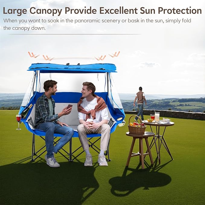 TUKAILAi Double Camping Chair with Canopy Shade Oversized Folding 2 Person Loveseat with Cup Holders and Side Pockets Portable Outdoor Couch for Beach Lawn Picnic Fishing (Blue + Grey)