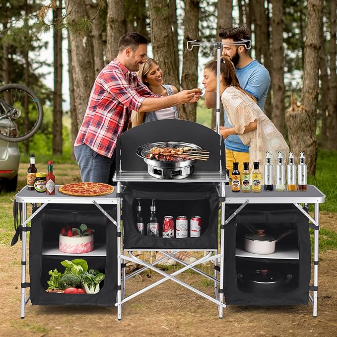 Camping Kitchen Table Folding TableOutdoor Cooking Table with Storage Carrying Bag Aluminum Cook Station with Windscreen and 3 Multifunctional Storage Cupboards BBQ Outdoor RV Party