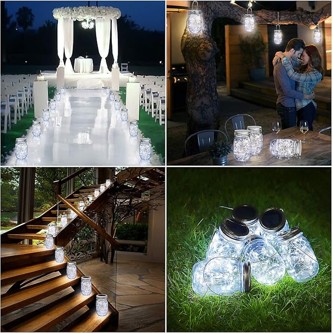 Mlambert Mason Jar Solar Lights 30 LEDs 6 Pack Hanging Solar Lanterns Outdoor Waterproof Fairy Lights Outdoor Lanterns for Patio Garden Cool White