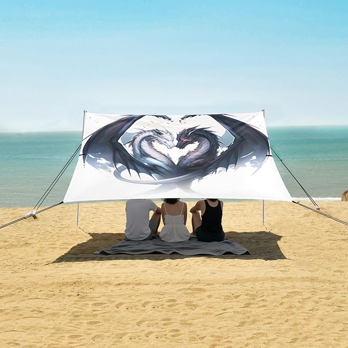 Beach Tent Sun Shelter Black-White Dragons Lightweight &amp Easy Setup Beach Shade Canopy for Camping Fishing