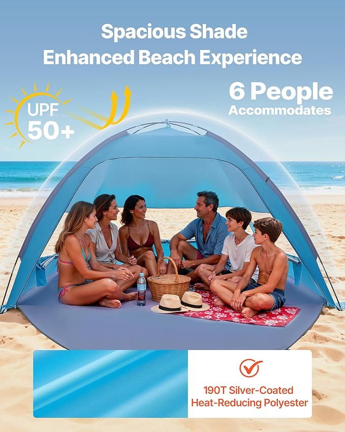 VEVOR Beach Tent Sun Shelter for 6 Person UPF 50+ Protection Portable Sun Shade Beach with Carrying Bag &amp Sand Pockets Lightweight and Easy Setup Beach Umbrella for Camping Fishing Outdoor Picn