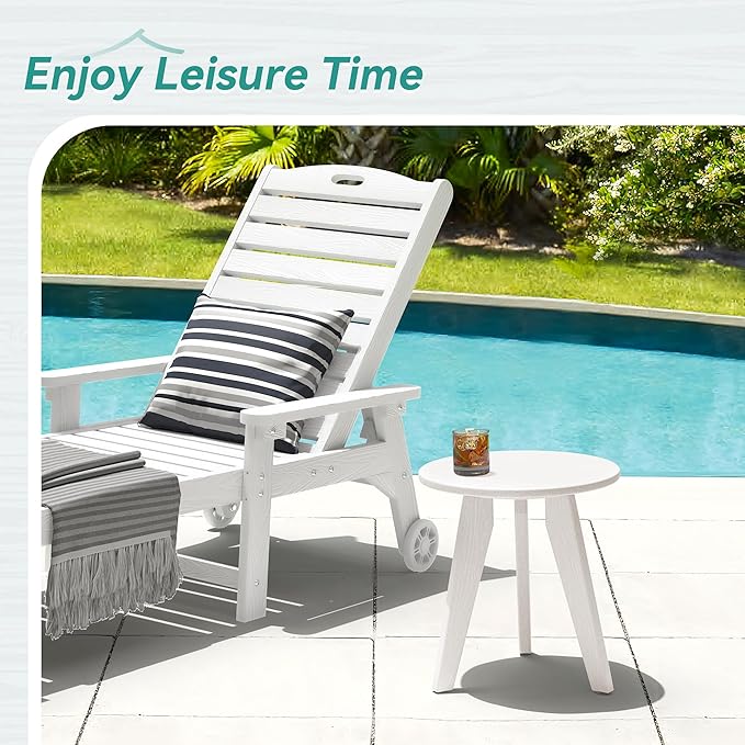 HDPE White Round Outdoor Table Weather-Resistant 15.8x15.8x16.7 inches 150lbs Load Capacity Modern Design End Table for Patio Porch Deck Living Room Bedroom Plant Stand