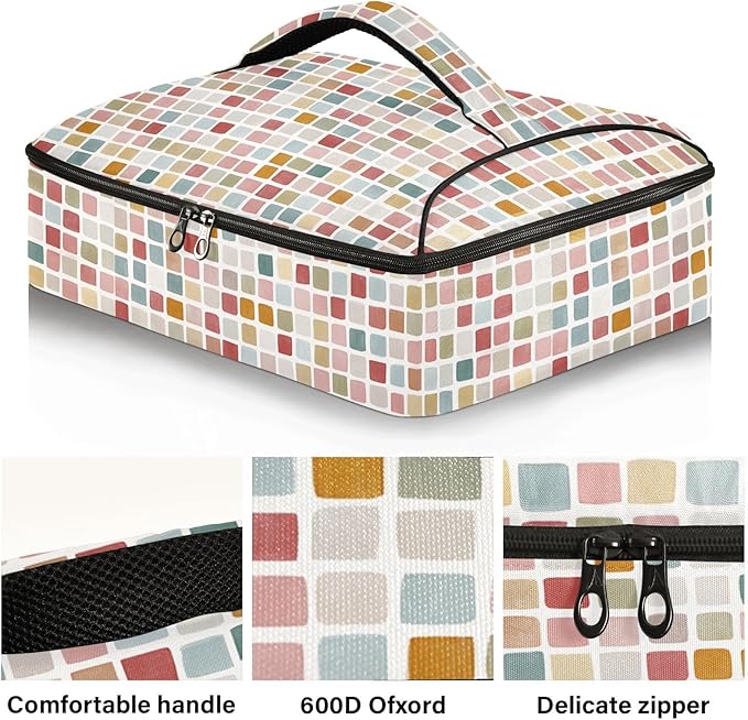 Casserole Carrier Small Squares Pattern Insulated Casserole Carrier for Hot or Cold Food Thermal Lunch Tote for Parties Picnic Travel Carry Bag