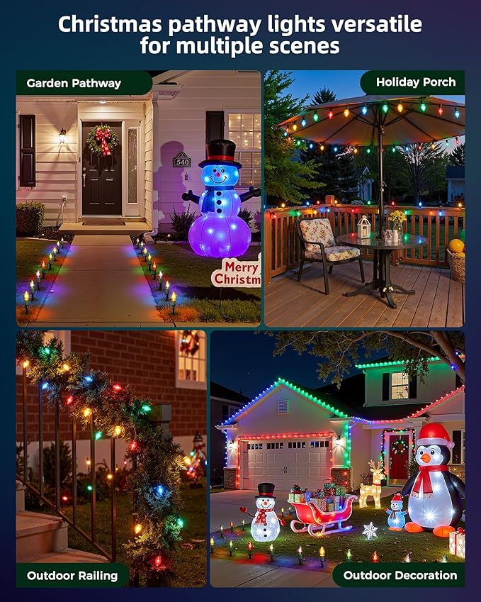 Christmas Pathway Lights Outdoor 102.8 Ft Driveway Christmas Lights with 80 Multicolor Bulbs and Stakes Connectable Outdoor Decorations Yard Walkway Sidewalk Holiday Multicolor