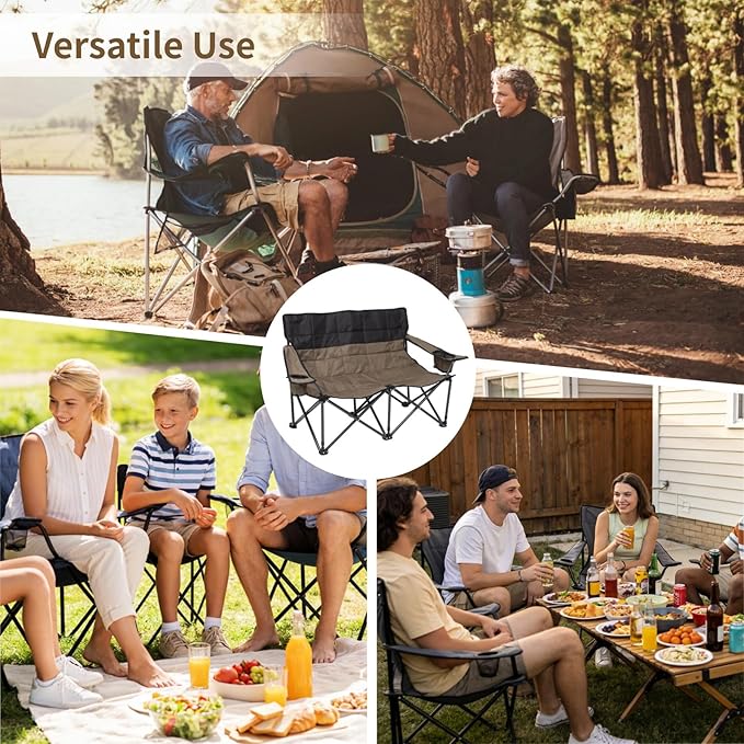 Double Folding Loveseat Camp Chair for Adults - 46.5 in Low-Profile Outdoor Camping Couch with Cup Holders Two People Heavy Duty Folding Couch Portable Loveseat for Camping Patio Lawn and Picnic