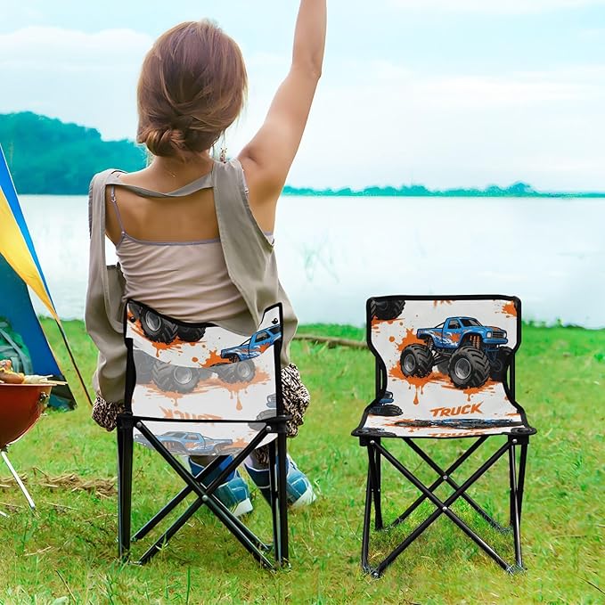 Compact Camping Chair Monsters Truck Pattern Packable Backpacking Ultra Lightweight Includes Carry Bag Lawn Chairs for Outside